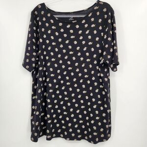 J. Jill Pima Shirttail Tee Womens Size XL Black Daisy Floral Print Short Sleeve